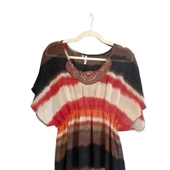 Studio Y Ombre Sheer Chiffon Beaded Neckline Flutter Sleeve Flowy Blouse Top - Picture 2 of 7